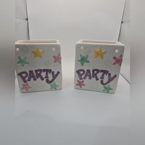 Set of 2 “Party” Ceramic Holders Balloon Stick Holder Utensil Caddy Party Decor